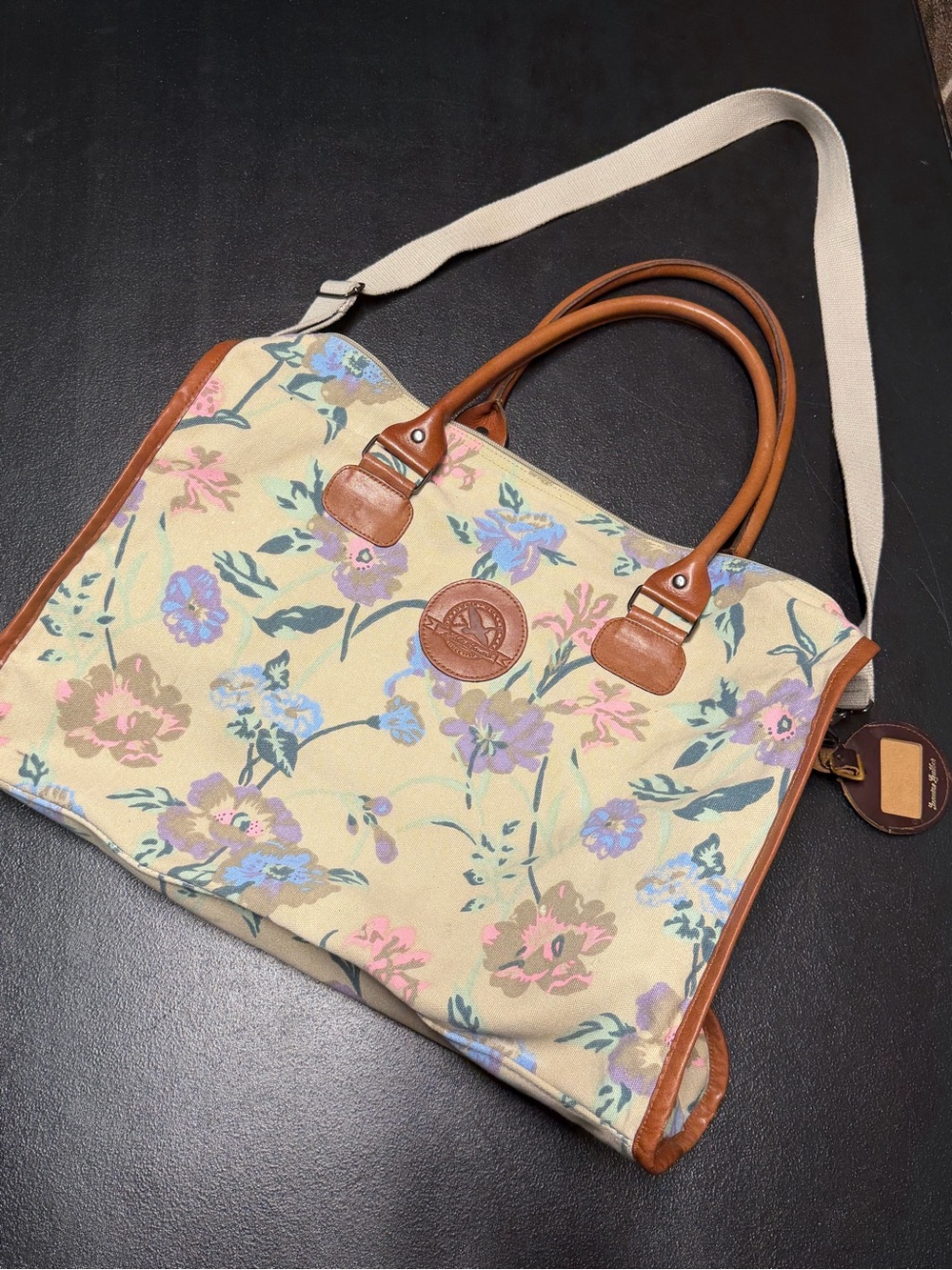 Eddie Bauer Floral Canvas Zip Travel Bag Weekender Leather Trim